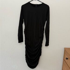 Elegant Black Long Sleeve Ruched Midi Dress